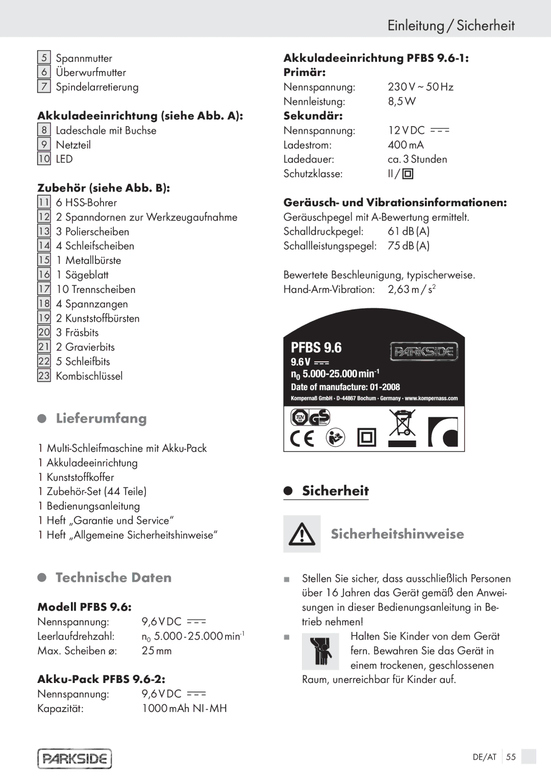 Kompernass PFBS 9, PFBS 6 V manual Einleitung / Sicherheit, Lieferumfang, Sicherheitshinweise, Technische Daten 